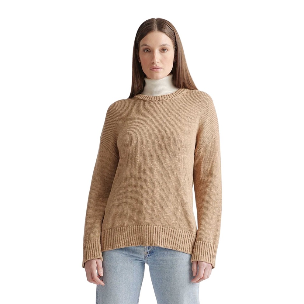 Quince Womens Organic Cotton Linen Oversized Crewneck Sweater Camel Brown Size M
